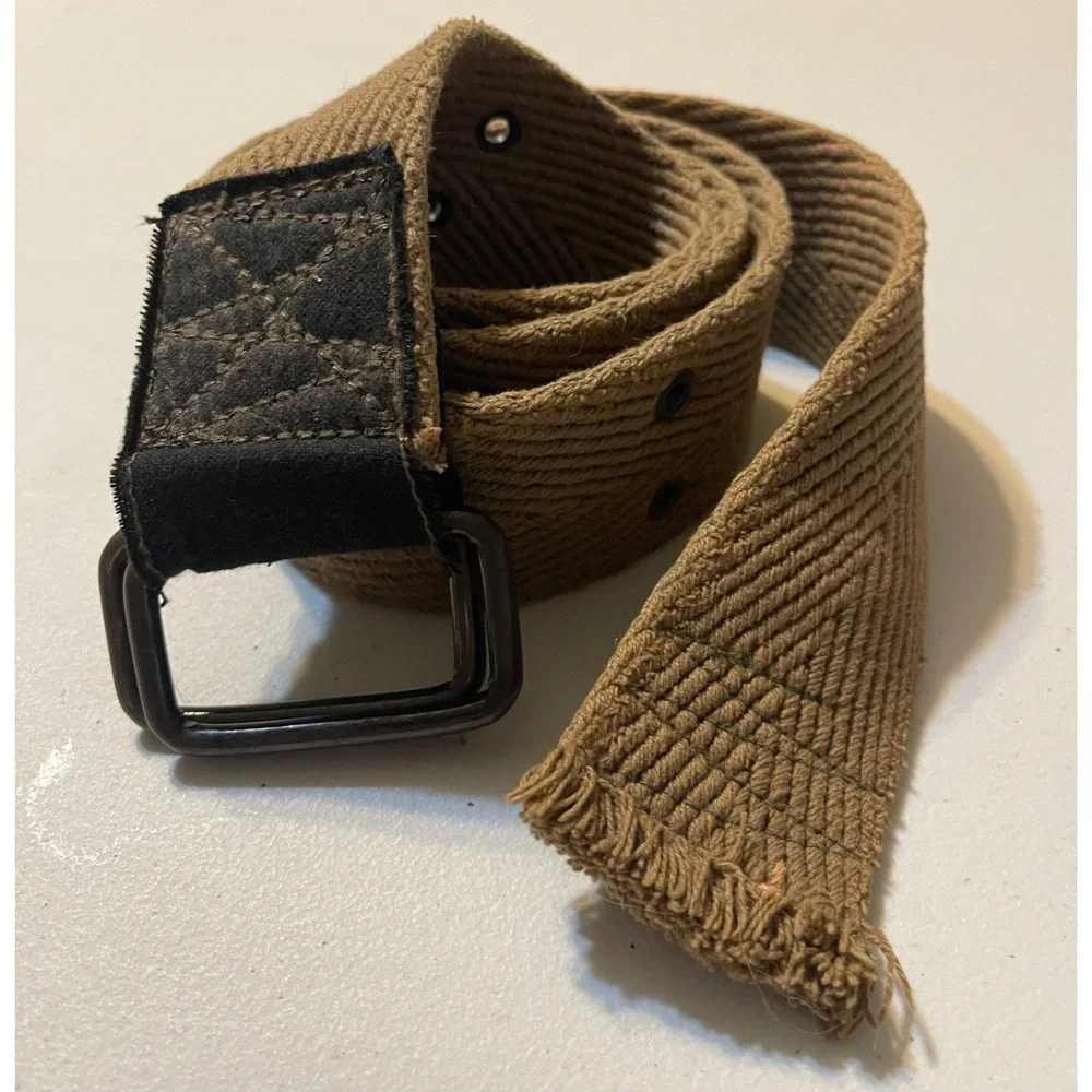 Canvas Web Belt Mens‎ 34 Brown Good Herringbone Double Prong Grommet